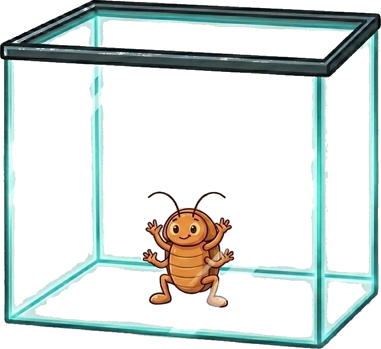 Gigi the cartoon hisser climbing the inside glass wall of a terrarium