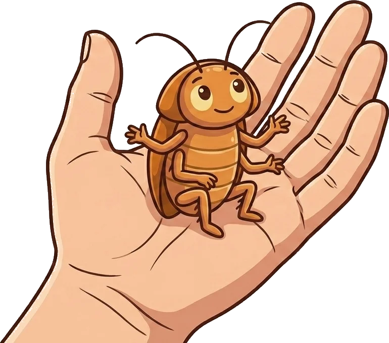 Gigi the cartoon hisser resting calmly on an open human palm, showing its gentle palm-sized scale