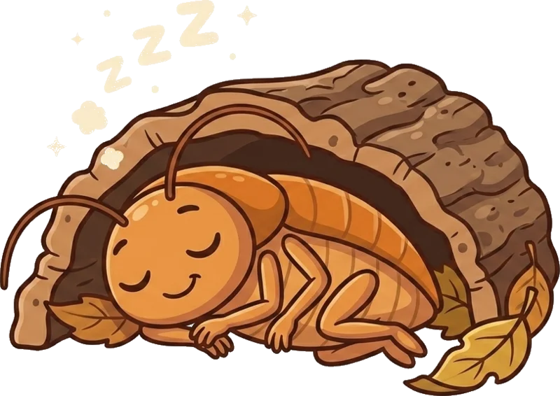 Gigi the cartoon hisser sleeping cozily tucked under a piece of cork bark