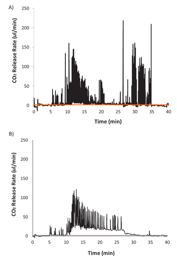 Two stacked plots of a hisser's carbon dioxide output over 40 minutes, one in dry air and one in humid air